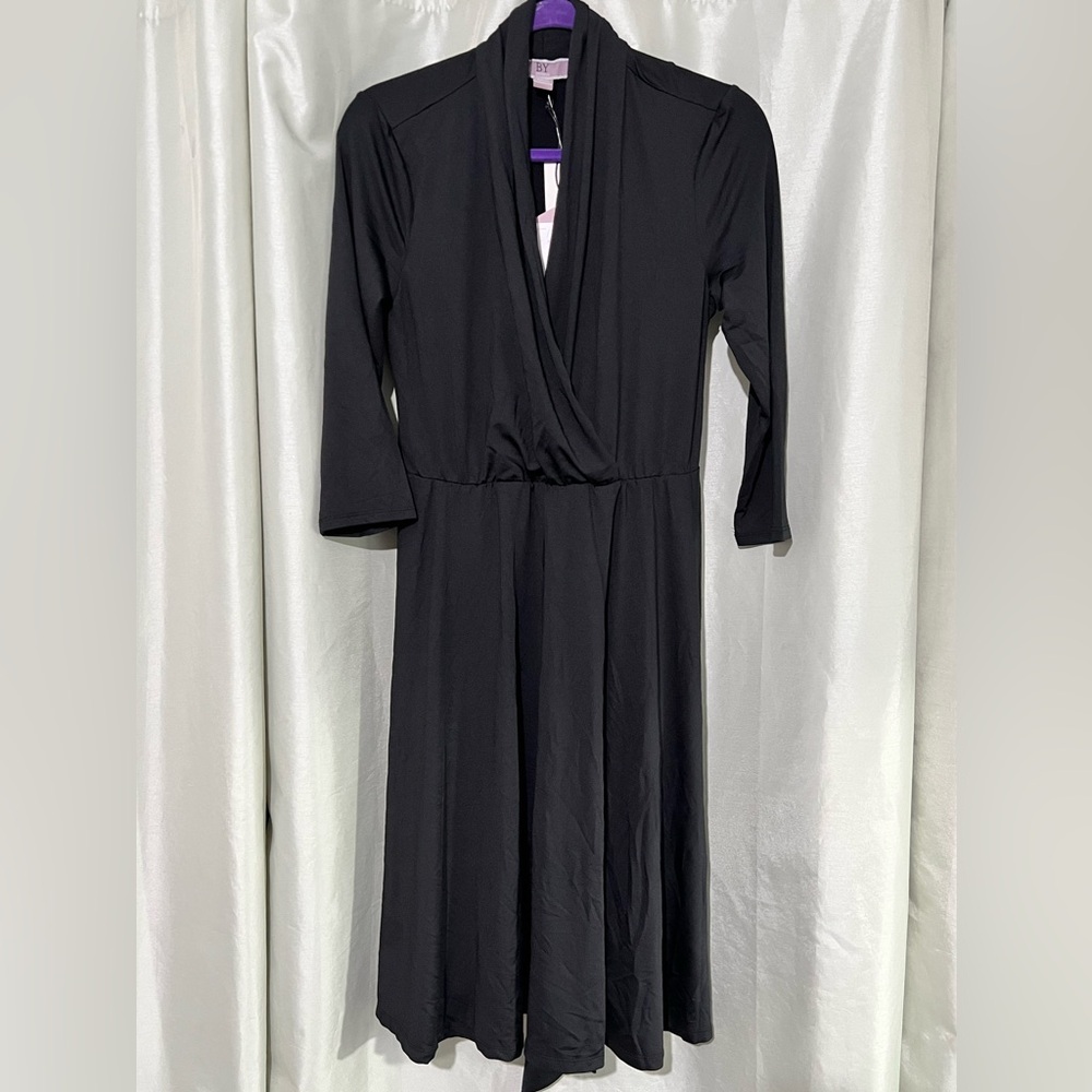 BY DESIGN Prescott Three-quarter Sleeve Dress faux wrap waist tie‎ black small